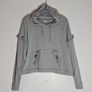 True Craft Hoodie Sweatshirt Womens Large Gray Ruffle Sleeve Pocket Pullover